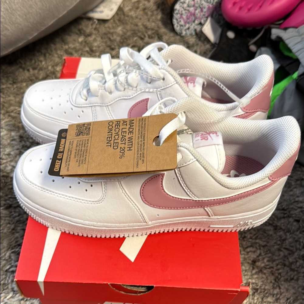Nike White and Pink Air Force 1 Sneakers Classic Design - Picture 1 of 4